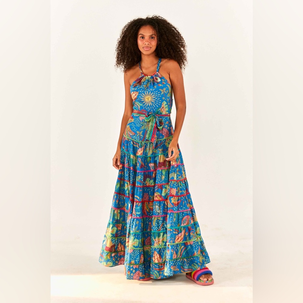 Farm Rio Ocean Stories Halter Maxi Sun Dress Blue Size Medium, Multicolor, Boho